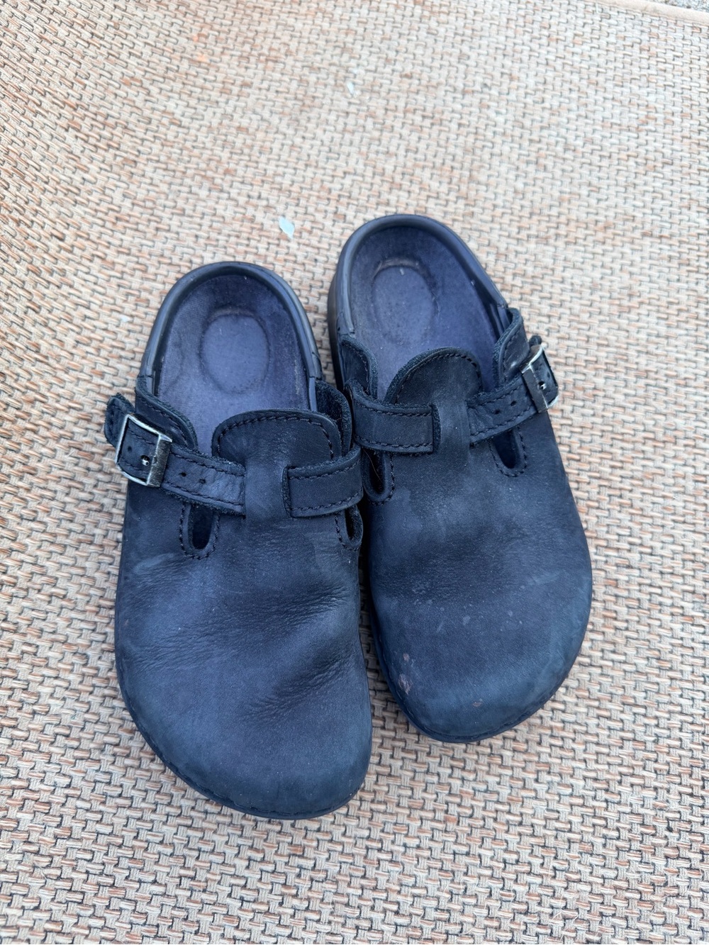 Birkenstock Black Suede Clog Mules with Buckle Strap